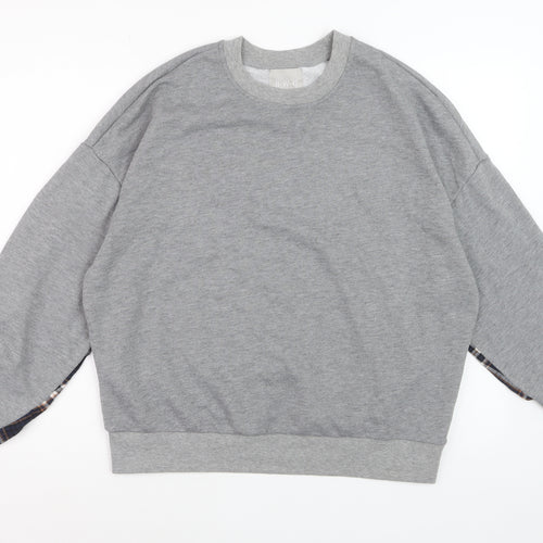 BWG Women Grey Plaid Sleeve Pullover Sweatshirt L Casual Style