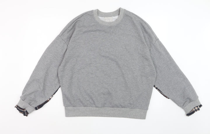 BWG Women Grey Plaid Sleeve Pullover Sweatshirt L Casual Style