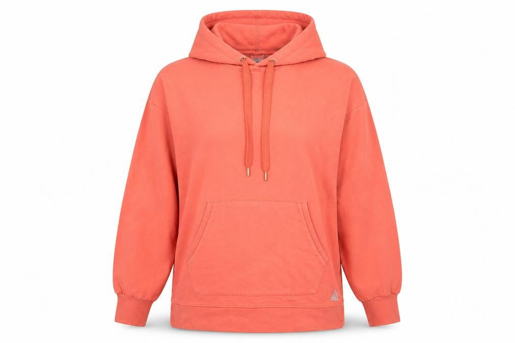 Front view of Next women’s coral orange pullover hoodie, size L, cotton blend