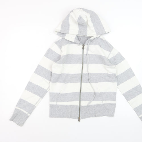 GAP Women Grey White Striped Full Zip Hoodie Cotton Medium