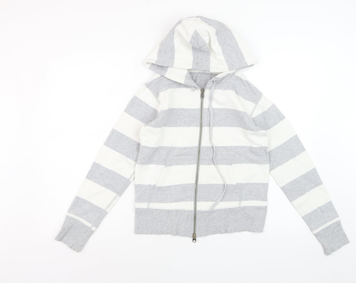 GAP Women Grey White Striped Full Zip Hoodie Cotton Medium