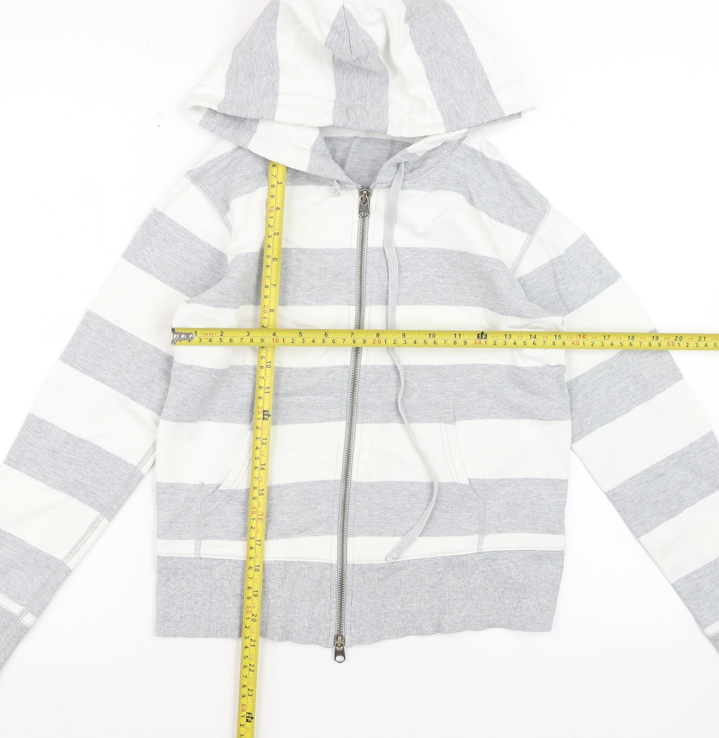 GAP Women Grey White Striped Full Zip Hoodie Cotton Medium