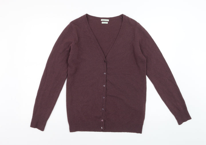 Benetton Women Brown Wool V-Neck Cardigan M Long Sleeve