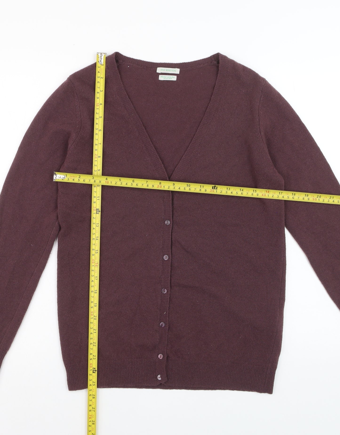 Benetton Women Brown Wool V-Neck Cardigan M Long Sleeve