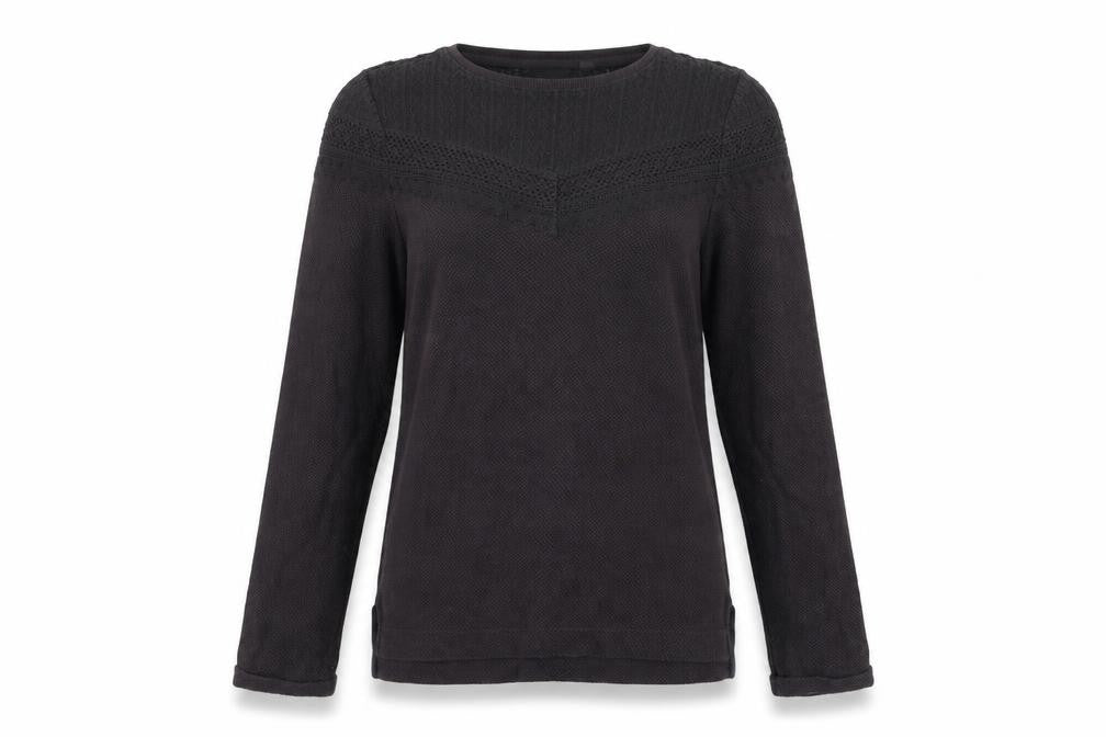 Front view of FatFace Women's Black Cotton Blend Lace Knit Jumper, size 8