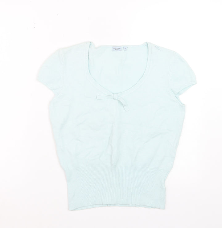 Anne Brooks Petite Women's Blue Short Sleeve Bow Knit Jumper Size 14