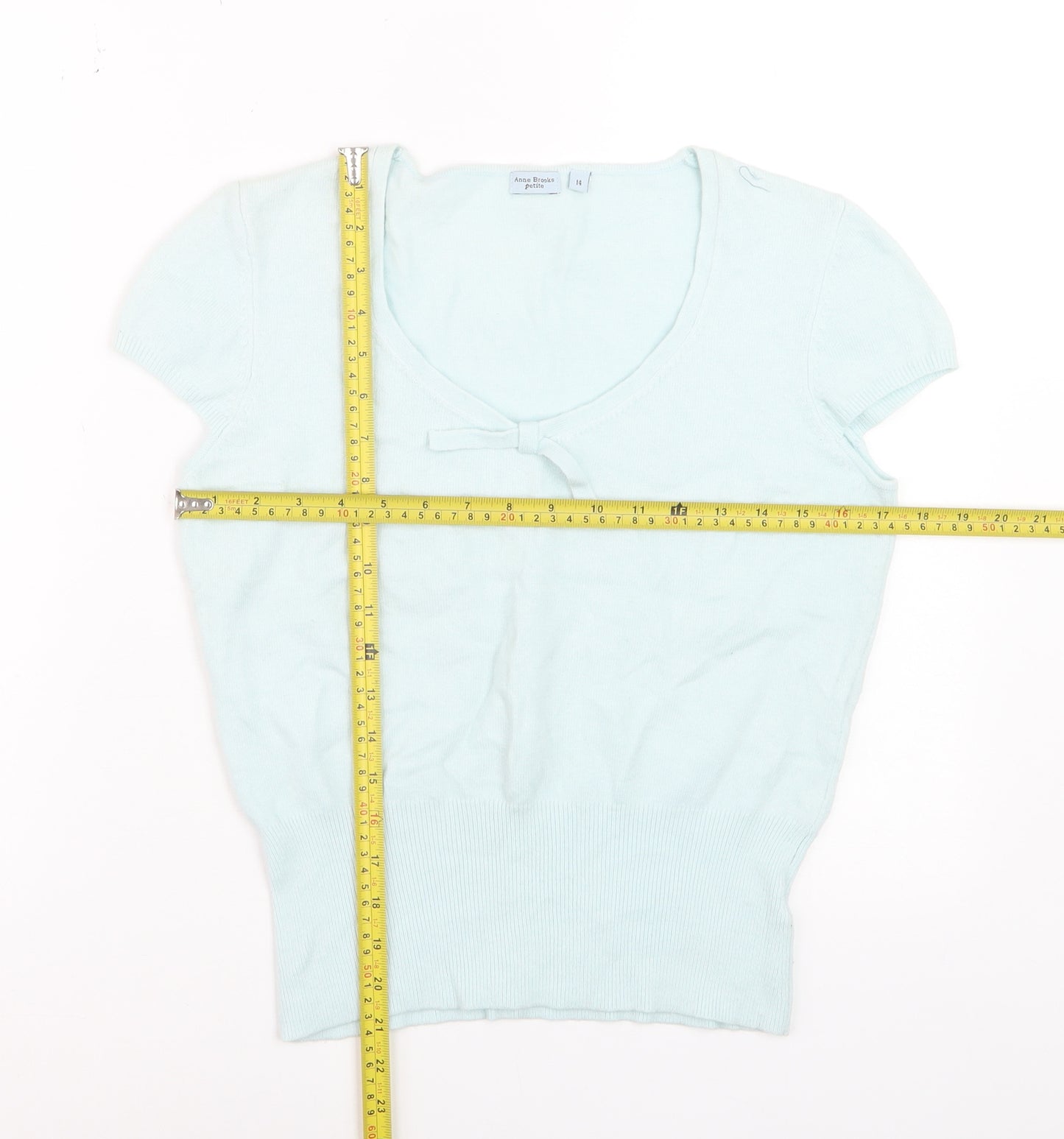 Anne Brooks Petite Women's Blue Short Sleeve Bow Knit Jumper Size 14