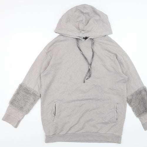 River Island Womens Grey Fur Trim Hoodie UK 12 Pullover Cotton Blend