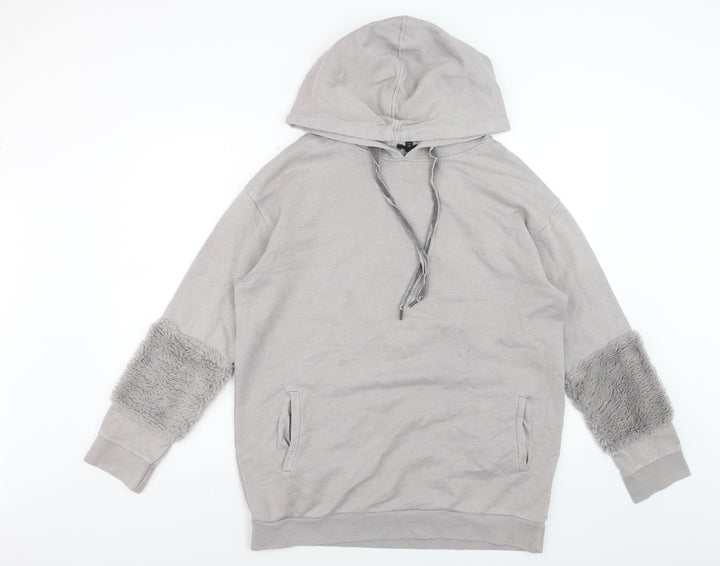 River Island Womens Grey Fur Trim Hoodie UK 12 Pullover Cotton Blend
