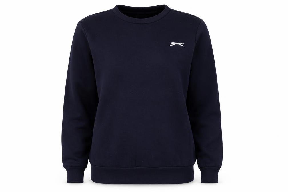 Front view of Slazenger women’s navy xs pullover sweatshirt polyester cotton logo