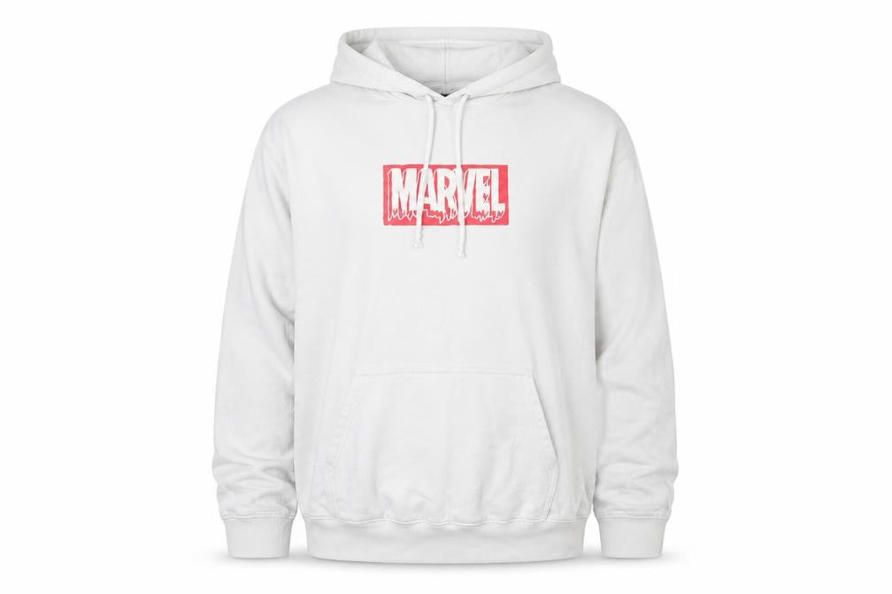 Front view of Marvel Men's White Pullover Hoodie M Graphic Logo Cotton Blend