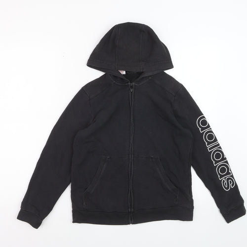 Adidas Boys Black Full Zip Hoodie Size M Cotton Blend Graphic Logo