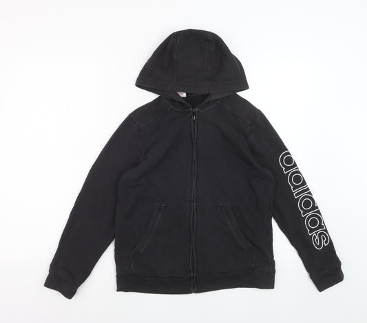 Adidas Boys Black Full Zip Hoodie Size M Cotton Blend Graphic Logo