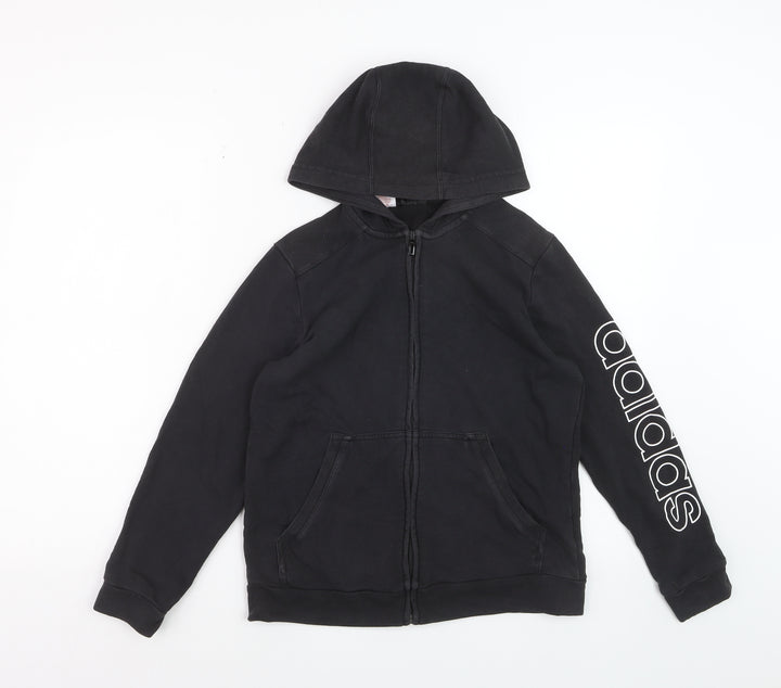 Adidas Boys Black Full Zip Hoodie Size M Cotton Blend Graphic Logo