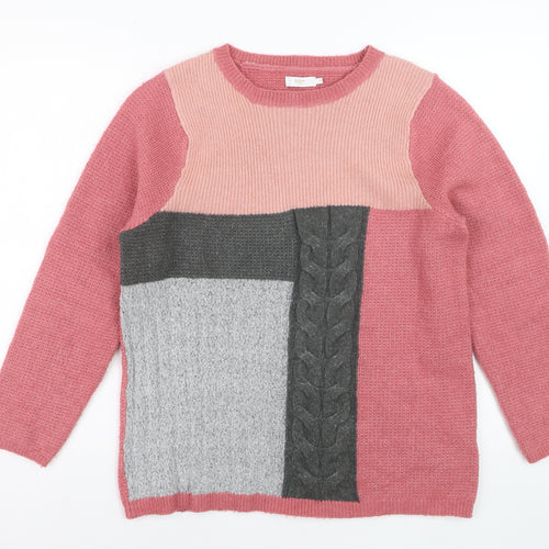 Cotton Traders Women Pink Colour Block Knit Jumper Size 14