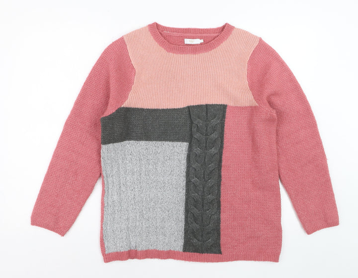 Cotton Traders Women Pink Colour Block Knit Jumper Size 14