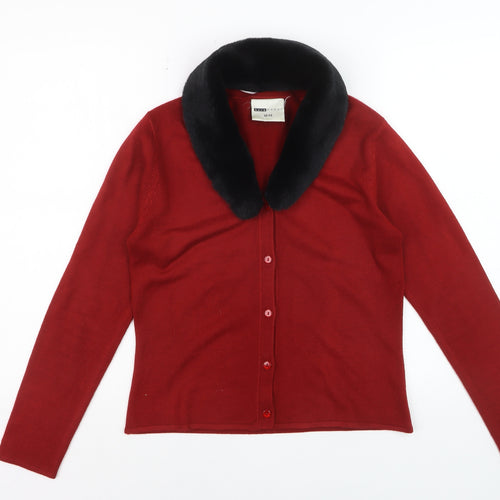 Sass Woman Red Collared Faux Fur Trim Cardigan 10-12 Women’s Knitwear
