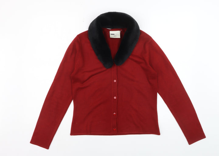 Sass Woman Red Collared Faux Fur Trim Cardigan 10-12 Women’s Knitwear