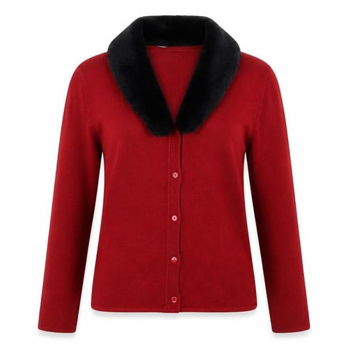 Sass Woman Red Collared Faux Fur Trim Cardigan 10-12 Women’s Knitwear