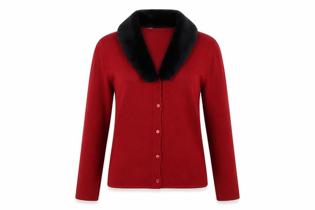 Sass Woman Red Collared Faux Fur Trim Cardigan 10-12 Women’s Knitwear
