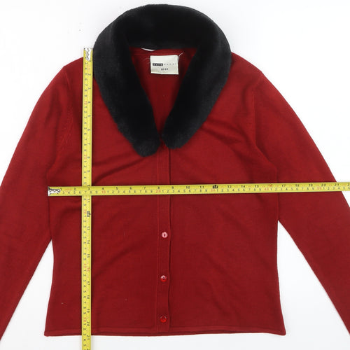 Sass Woman Red Collared Faux Fur Trim Cardigan 10-12 Women’s Knitwear
