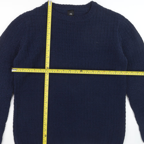 River Island Mens Blue Waffle-Knit Crew Neck Jumper Size S