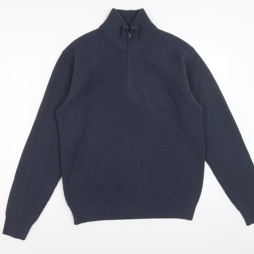 Uniqlo Men's Blue M 1/4 Zip High Neck Rib-Knit Jumper