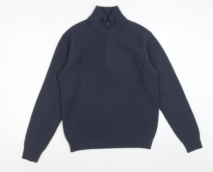 Uniqlo Men's Blue M 1/4 Zip High Neck Rib-Knit Jumper