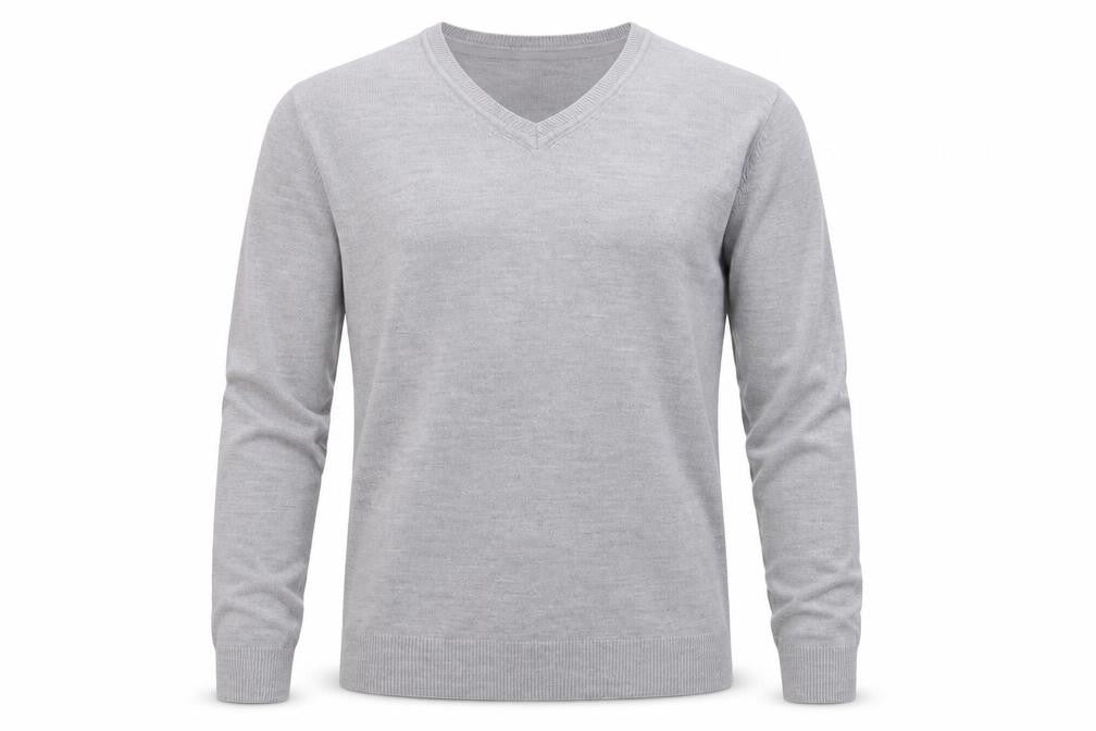 Front view of Easy Men’s Grey V-Neck Acrylic Knit Jumper, size M