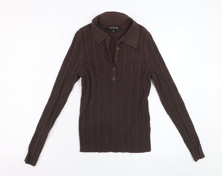 Forever New Women's Brown Collared Long Sleeve Slim Button-Up Top M