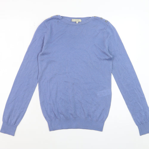 Hobbs Women's Blue Wool Crew Neck Button Shoulder Jumper Size S