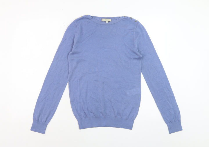 Hobbs Women's Blue Wool Crew Neck Button Shoulder Jumper Size S