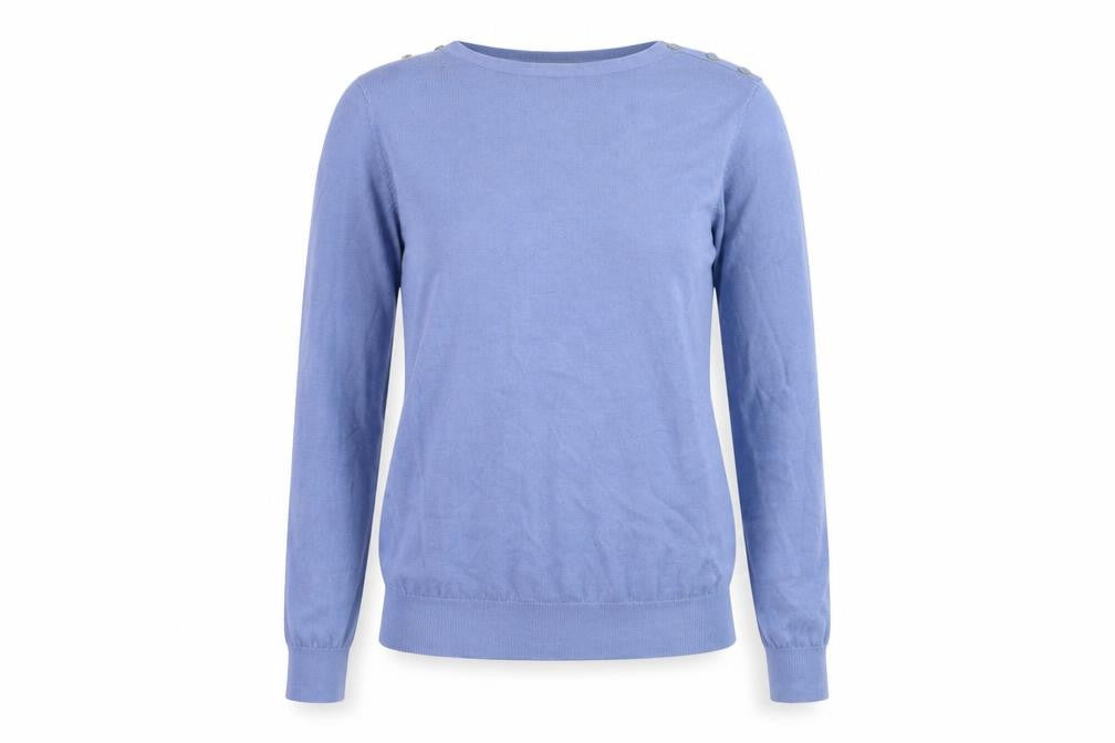 Front view of Hobbs Women's Blue Wool Crew Neck Button Shoulder Jumper, size S