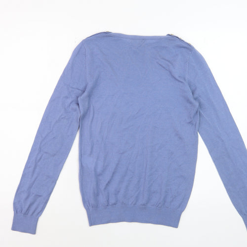 Hobbs Women's Blue Wool Crew Neck Button Shoulder Jumper Size S