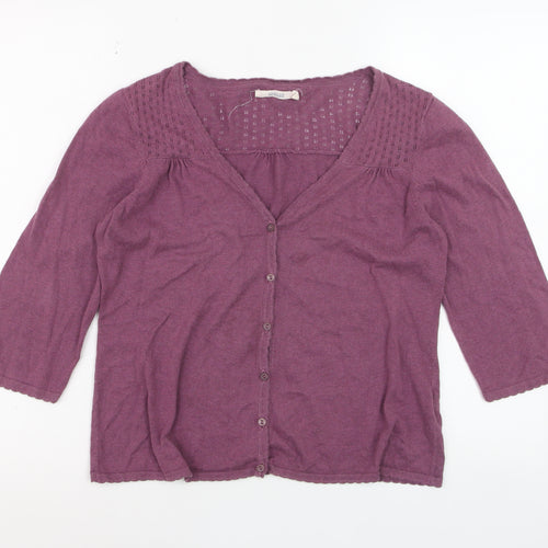 Seasalt Women Purple Cotton V-Neck 3/4 Sleeve Cardigan Size 10