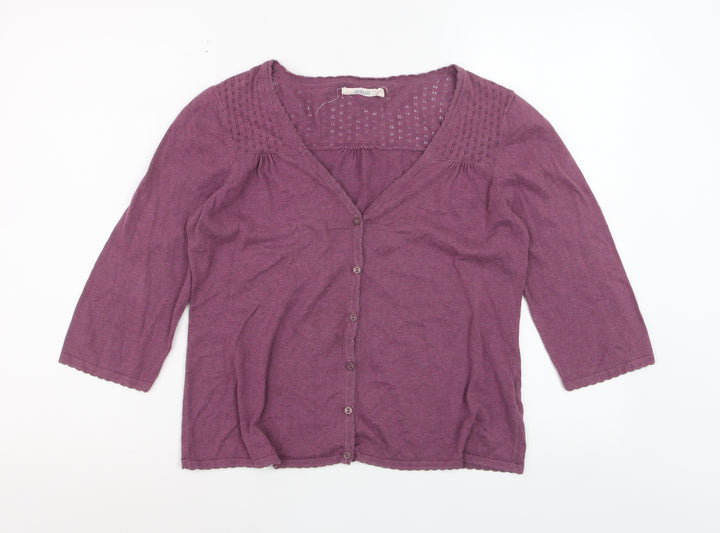 Seasalt Women Purple Cotton V-Neck 3/4 Sleeve Cardigan Size 10