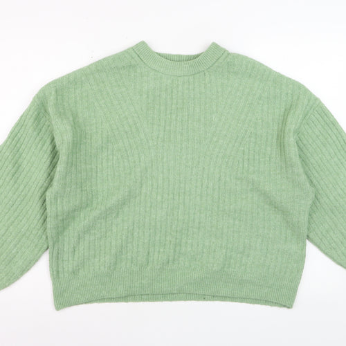 H&M Women’s Green Ribbed Knit Crew Neck Pullover Jumper Size M