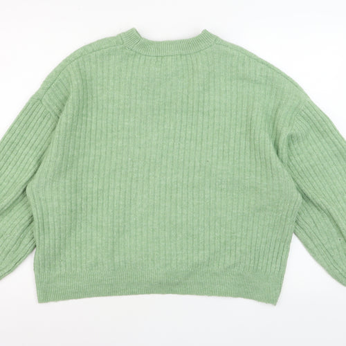 H&M Women’s Green Ribbed Knit Crew Neck Pullover Jumper Size M