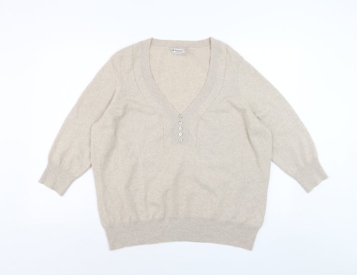 Marks and Spencer Women Beige 100% Cashmere V-Neck Jumper Size 22