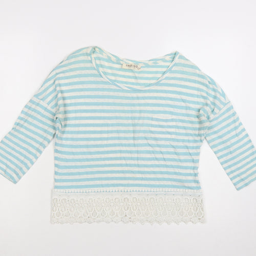 Marks and Spencer Womens Blue Striped Cropped 3/4 Sleeve Cotton Linen Top UK 8