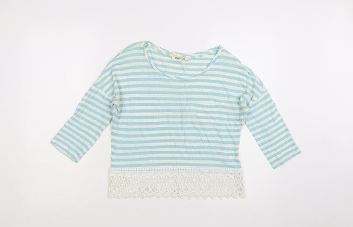 Marks and Spencer Womens Blue Striped Cropped 3/4 Sleeve Cotton Linen Top UK 8