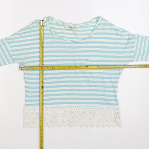 Marks and Spencer Womens Blue Striped Cropped 3/4 Sleeve Cotton Linen Top UK 8