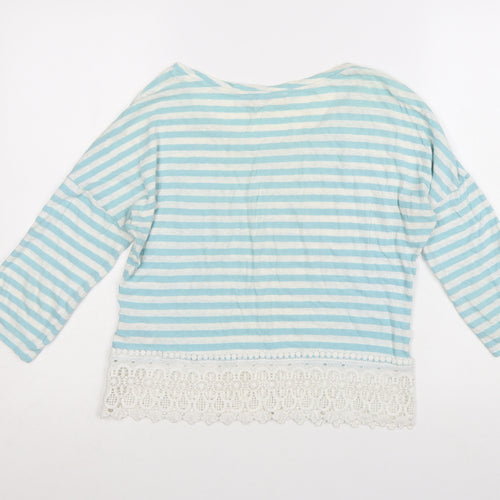 Marks and Spencer Womens Blue Striped Cropped 3/4 Sleeve Cotton Linen Top UK 8