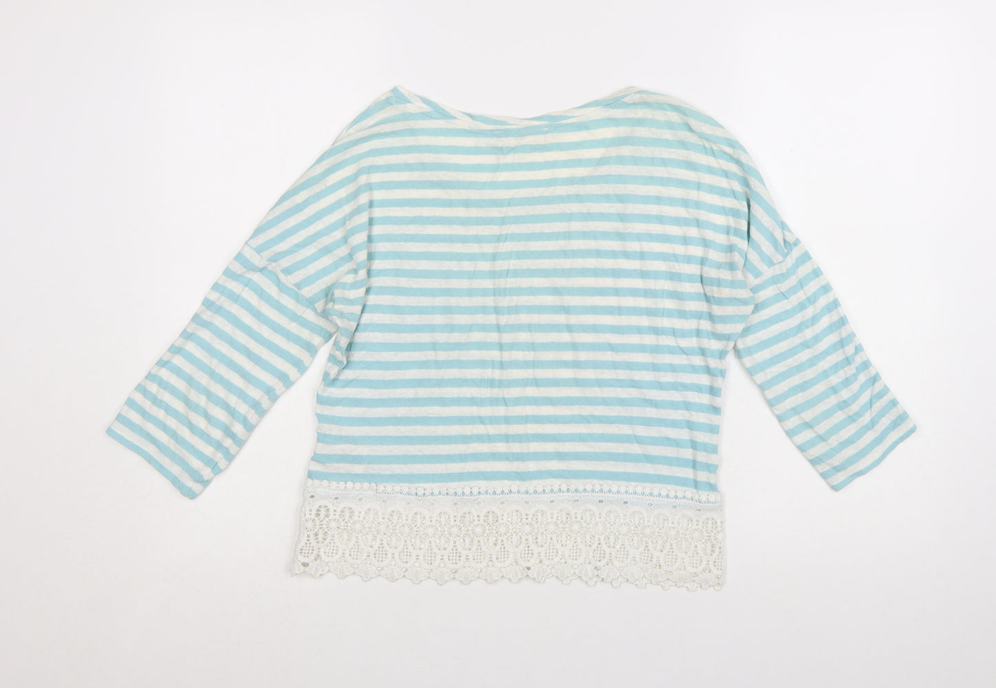 Marks and Spencer Womens Blue Striped Cropped 3/4 Sleeve Cotton Linen Top UK 8