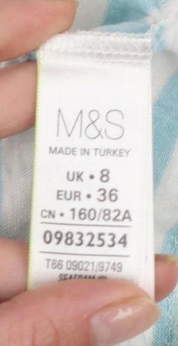 Marks and Spencer Womens Blue Striped Cropped 3/4 Sleeve Cotton Linen Top UK 8