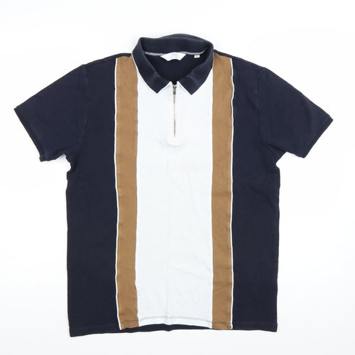 Next Men's Blue Colourblock Cotton Zip Polo Shirt Size M