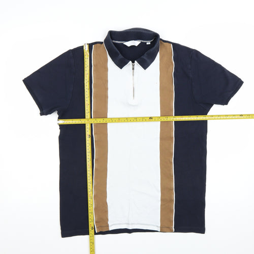 Next Men's Blue Colourblock Cotton Zip Polo Shirt Size M