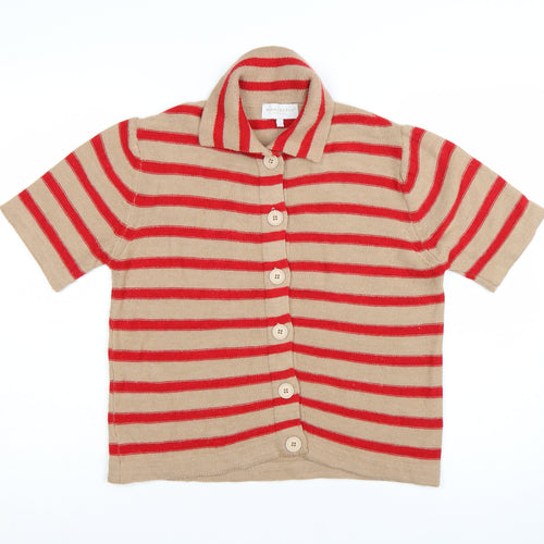 Bianco & Blu Women’s Beige Red Striped Collared Wool Cardigan L