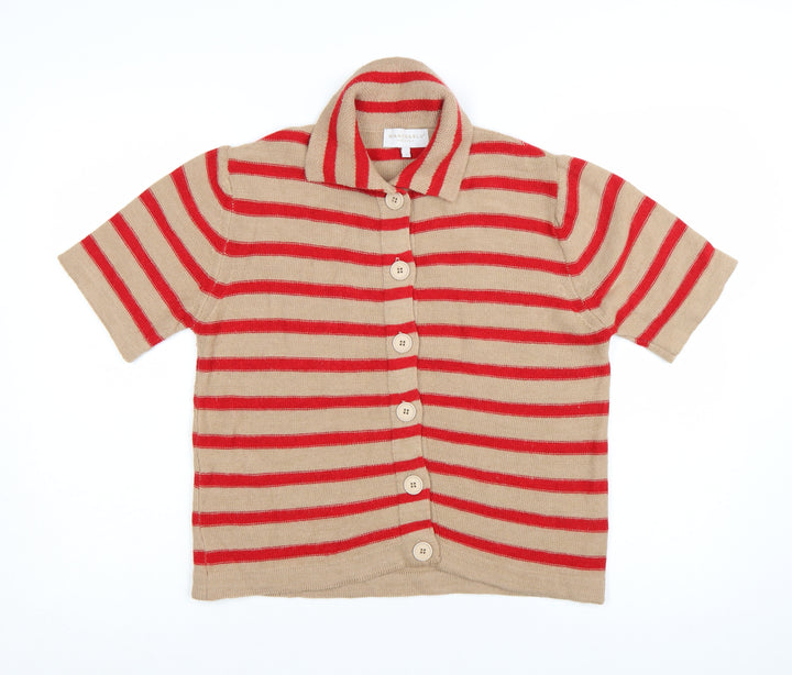 Bianco & Blu Women’s Beige Red Striped Collared Wool Cardigan L