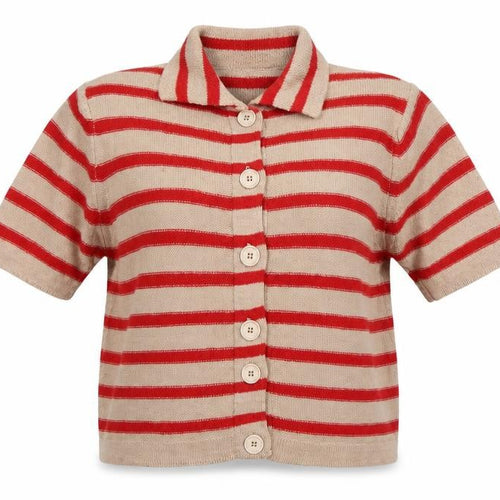 Bianco & Blu Women’s Beige Red Striped Collared Wool Cardigan L